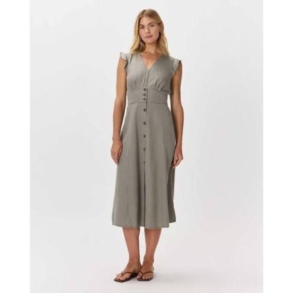 QUINCE NWT $148 Vintage Wash Tencel Button Front Midi Dress OLIVE Size SMALL